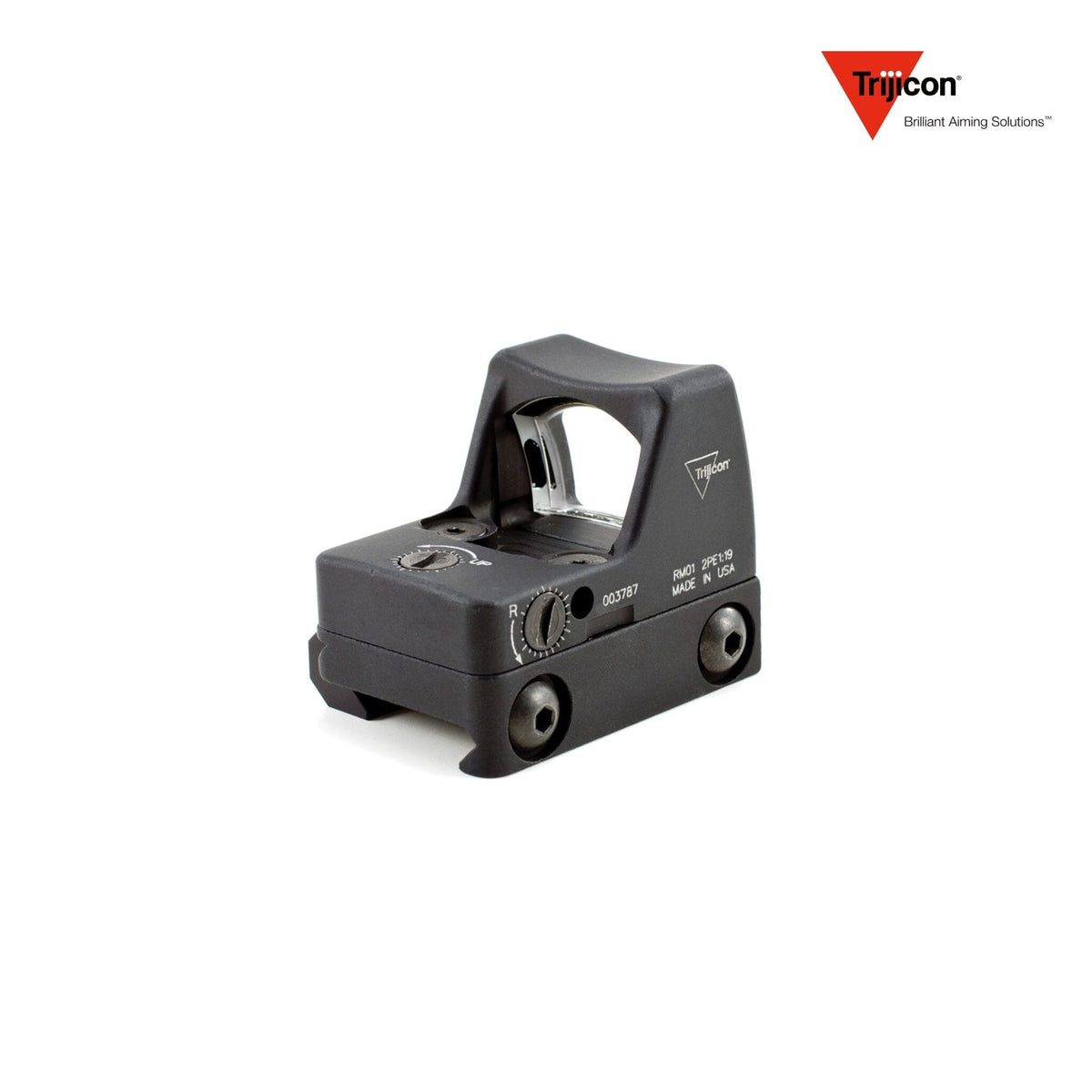 Trijicon RMR Type 2 3.25 MOA red dot sight on the RM33 low Picatinny mount, with a top-loading CR2032 battery
