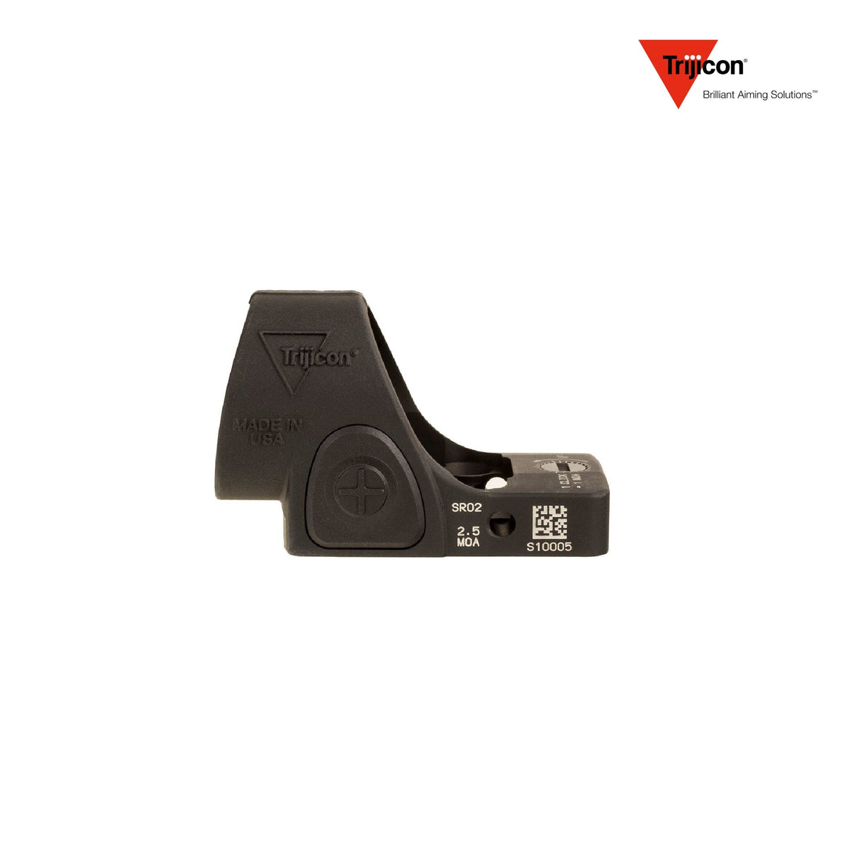 Trijicon SRO 2.5 MOA adjustable LED red dot sight in matte black, with a top-loading CR2032 battery