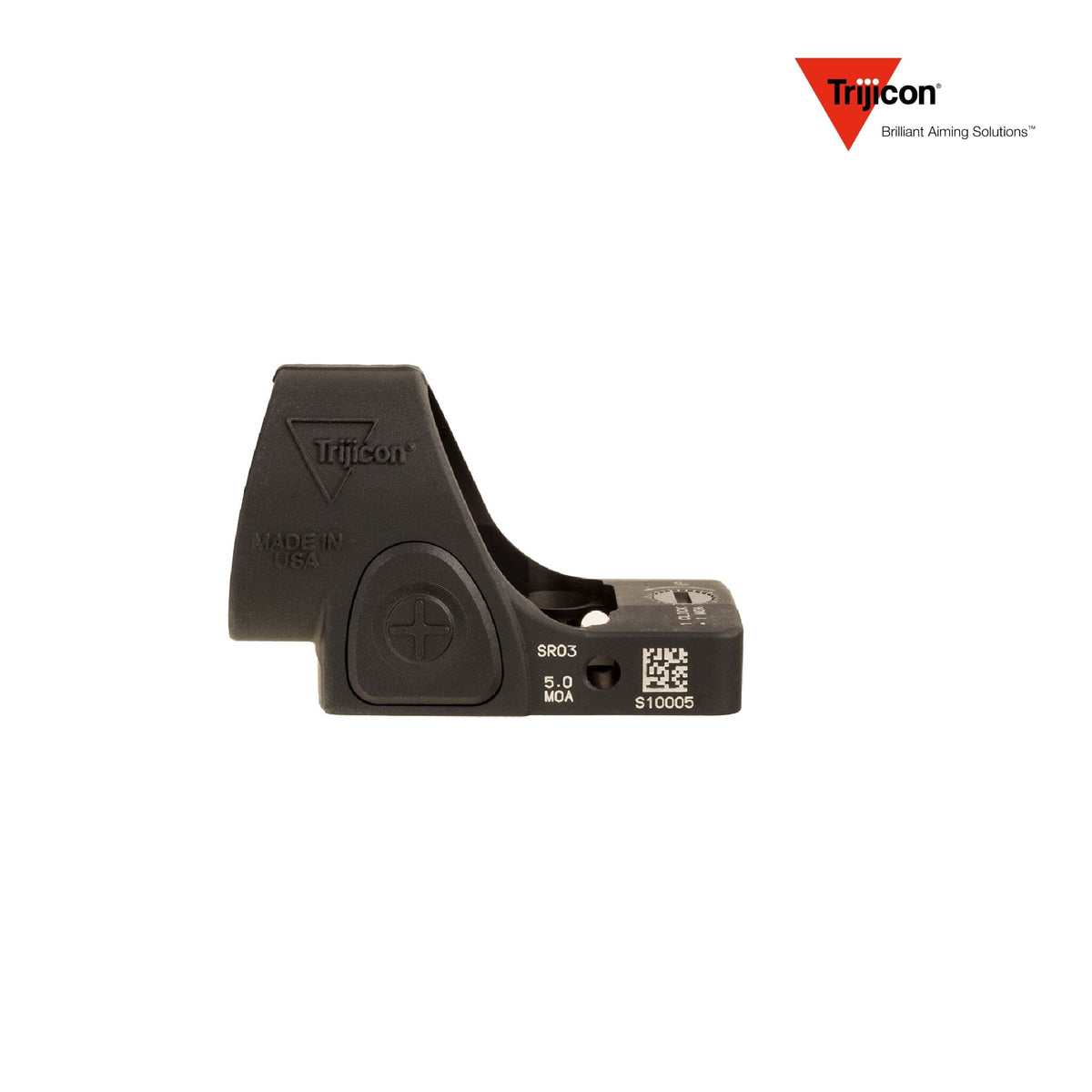 Trijicon SRO 5.0 MOA adjustable LED red dot sight in matte black, with a top-loading CR2032 battery