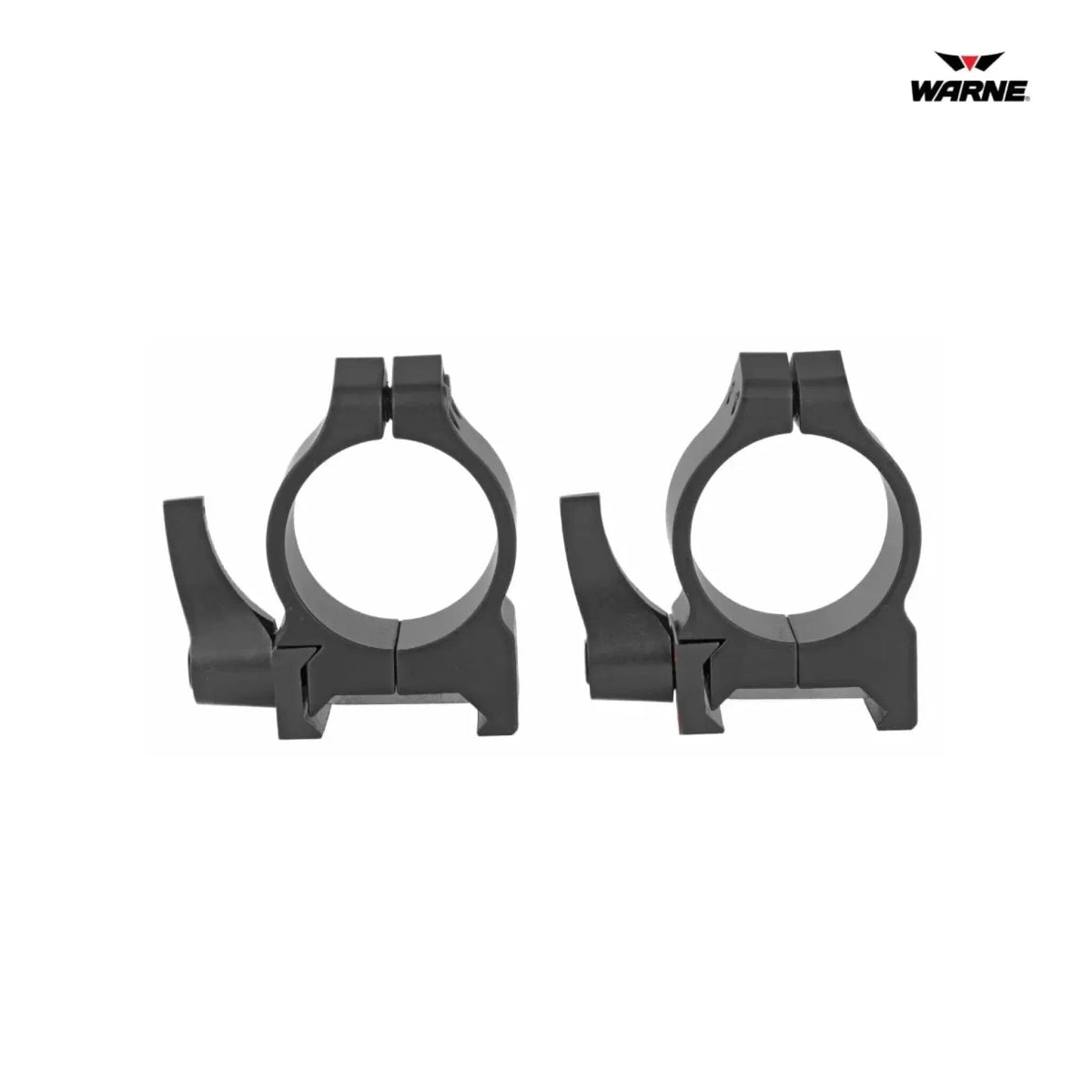 Warne Maxima 1 inch low rings with quick-detach levers clamping to Picatinny and Weaver bases