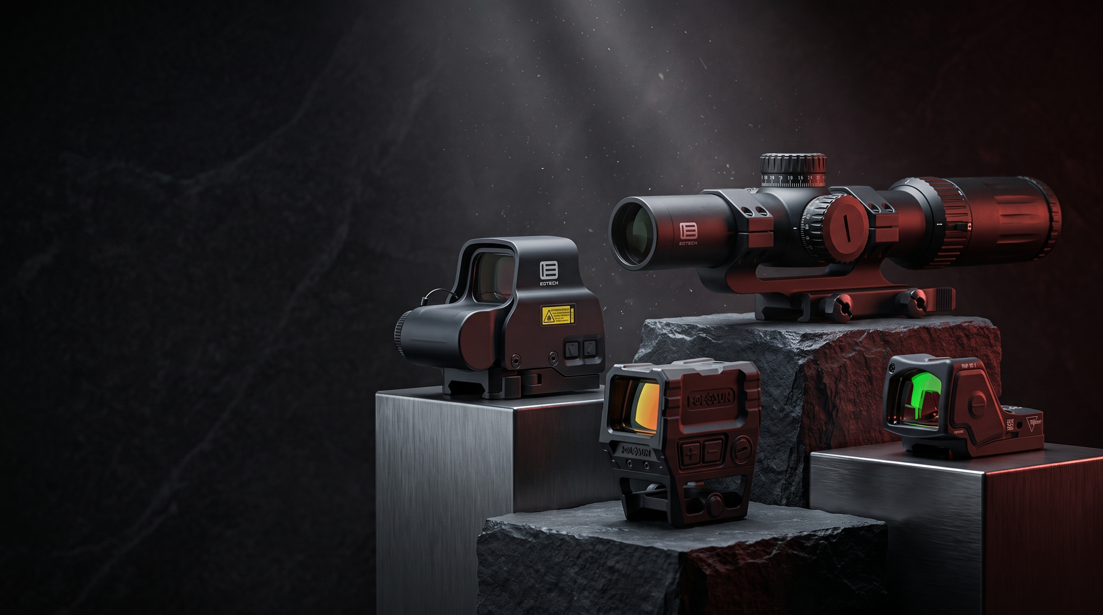Xtreme Tactical homepage hero — EOTech Vudu rifle scope, EXPS2 holographic sight, Holosun AEMS and Trijicon RMR HD on dark slate